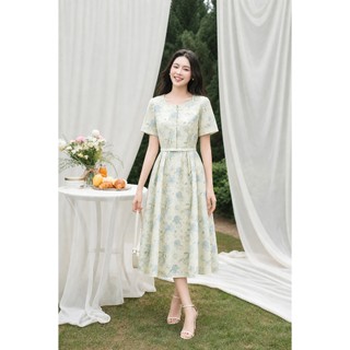Đầm dáng xoè dài LAMER cổ V cộc tay, váy đầm công sở đai nơ eo Mchic O63L26H029