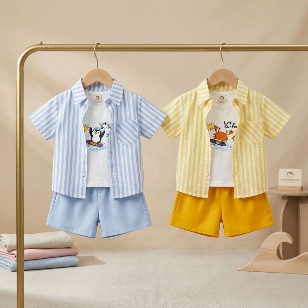 Set 3 Món Quần Áo Bé Trai Gumiho Kids (8-30kg), Bộ Đồ Hè Gồm Áo Sơ Mi Sọc Khoác Ngoài, Áo Ba Lỗ Cotton Và Quần Short
