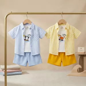 Set 3 Món Quần Áo Bé Trai Gumiho Kids (8-30kg), Bộ Đồ Hè Gồm Áo Sơ Mi Sọc Khoác Ngoài, Áo Ba Lỗ Cotton Và Quần Short