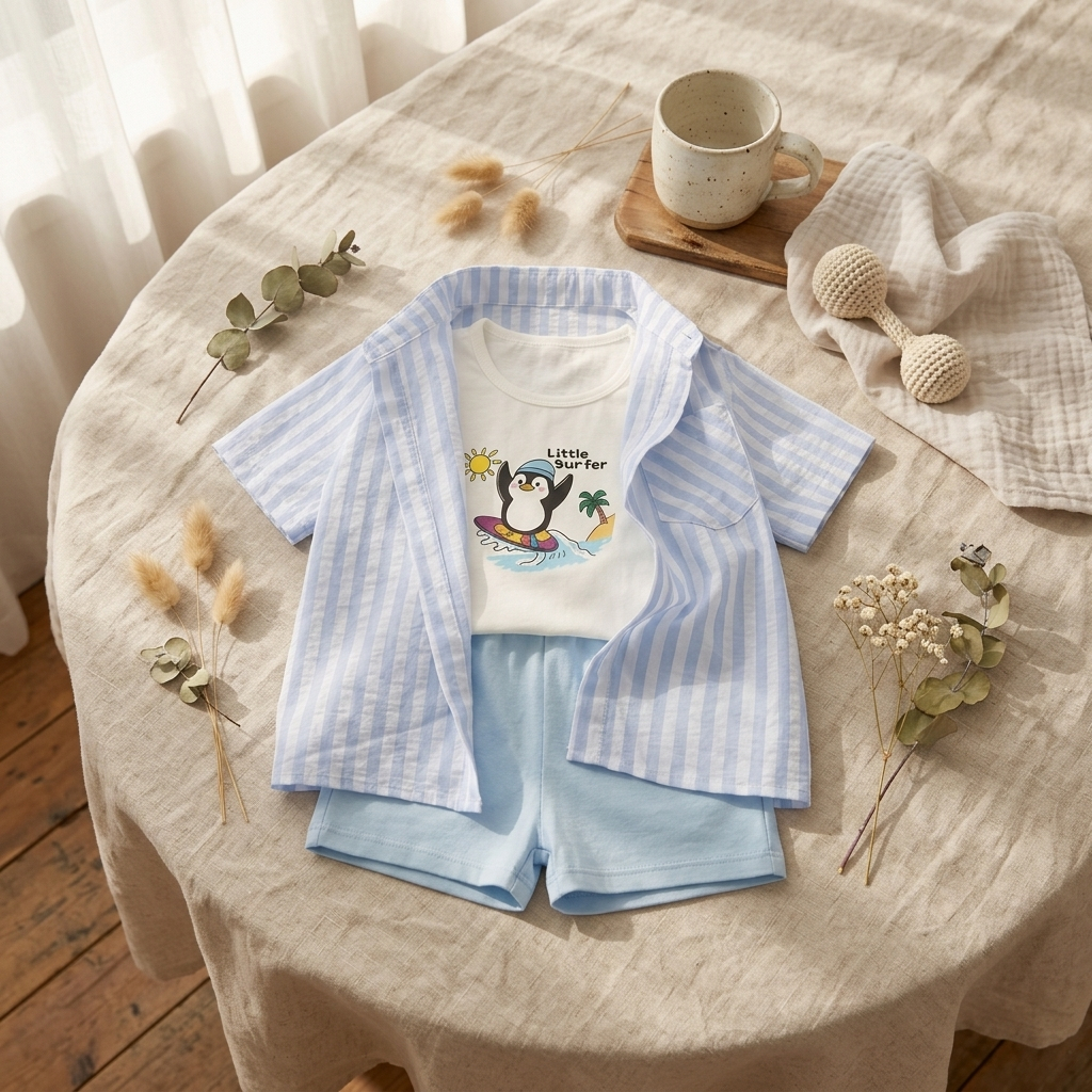 Set 3 Món Quần Áo Bé Trai Gumiho Kids (8-30kg), Bộ Đồ Hè Gồm Áo Sơ Mi Sọc Khoác Ngoài, Áo Ba Lỗ Cotton Và Quần Short