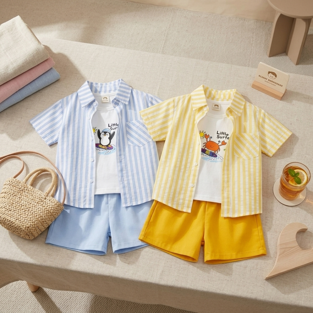 Set 3 Món Quần Áo Bé Trai Gumiho Kids (8-30kg), Bộ Đồ Hè Gồm Áo Sơ Mi Sọc Khoác Ngoài, Áo Ba Lỗ Cotton Và Quần Short