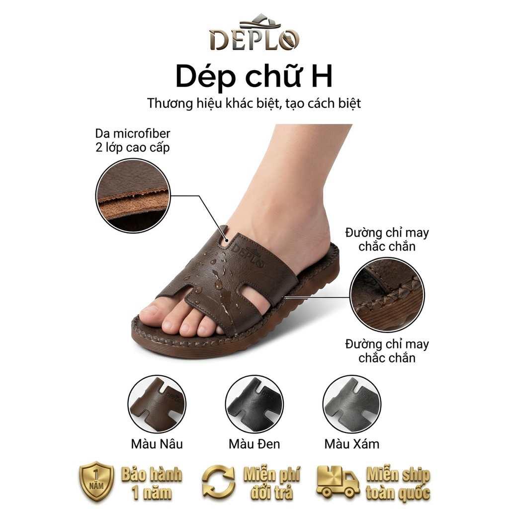 Dép Quai Ngang Chữ H Da Microfiber Siêu Bền, Đế Chống Trơn Trượt - Bảo Hành 12 Tháng