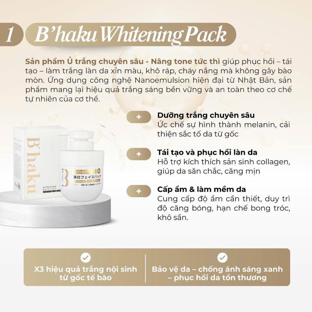Bộ Kem Ủ Trắng Sữa Dưỡng Thể Trắng Da B’Haku Whitening Pack/Milk Nhật Bản- Ủ Trắng, Phục Hồi Và Làm Sáng Da Toàn Diện