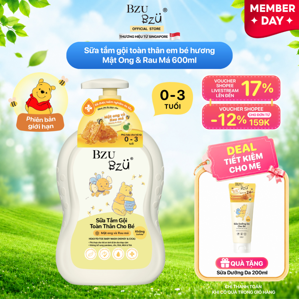Sữa Tắm Gội Toàn Thân Em Bé Hương Mật Ong Và Rau Má BZU BZU Head to Toe Wash Dịu Nhẹ 600ml