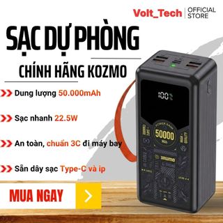 Sạc Dự Phòng 50.000mah Kozmo KM05 Có Đèn Pin, Màn Hình Hiển Thị % Pin, Sạc 5-6 Lần Cho IP 14promax