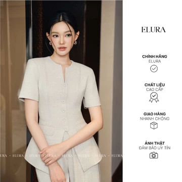Áo Ký Giả Cổ V Ghi Nhạt ELURA - Áo Peplum Cổ Chữ V, Công Sở, Thanh Lịch Chất Liệu Cao Cấp | A0062