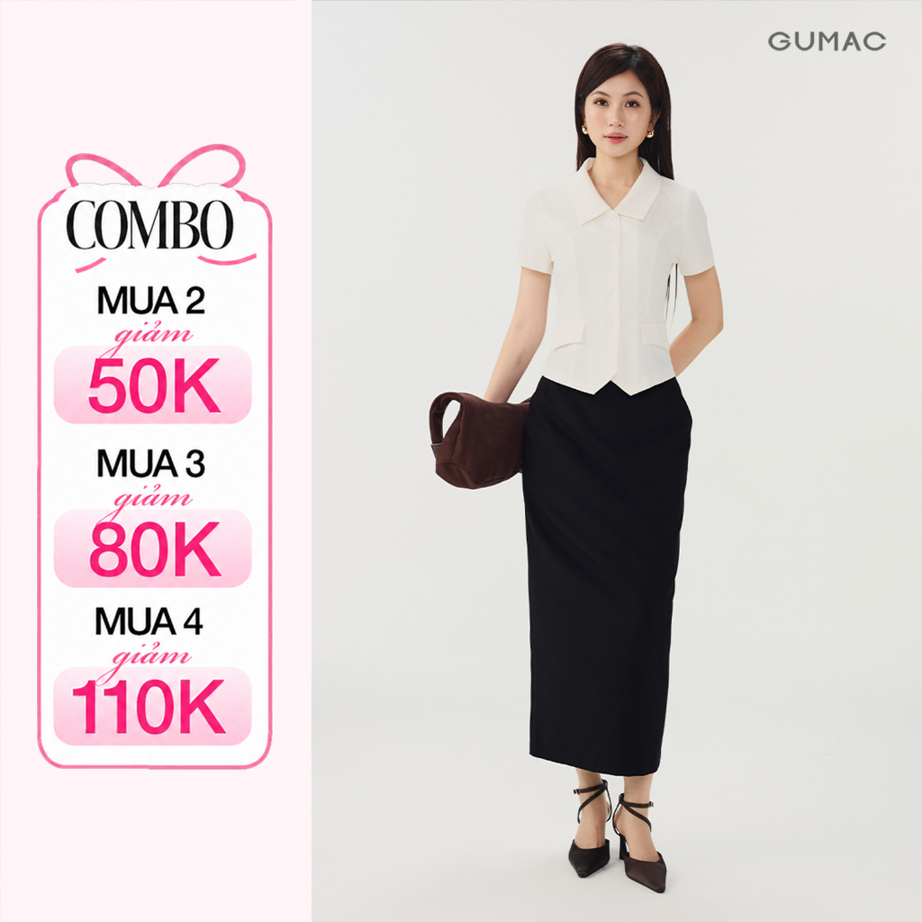 Set Lẻ Áo Kiểu Nữ GUMAC Form Ôm Eo Cổ Đức LAG07073 - Chân Váy Bút Chì Dáng Suông Xẻ Sau Thanh Lịch LVG07074