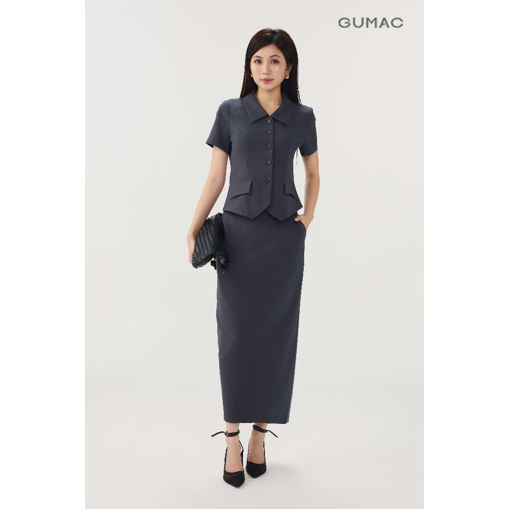 Set Lẻ Áo Kiểu Nữ GUMAC Form Ôm Eo Cổ Đức LAG07073 - Chân Váy Bút Chì Dáng Suông Xẻ Sau Thanh Lịch LVG07074