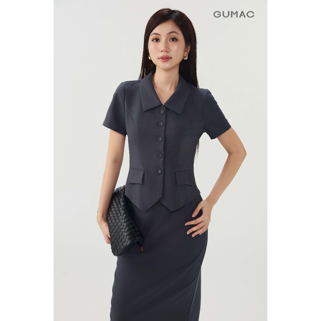 Set Lẻ Áo Kiểu Nữ GUMAC Form Ôm Eo Cổ Đức LAG07073 - Chân Váy Bút Chì Dáng Suông Xẻ Sau Thanh Lịch LVG07074
