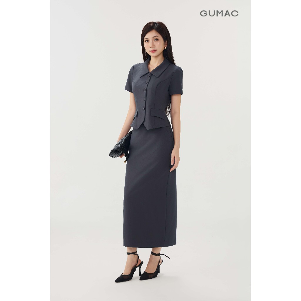 Set Lẻ Áo Kiểu Nữ GUMAC Form Ôm Eo Cổ Đức LAG07073 - Chân Váy Bút Chì Dáng Suông Xẻ Sau Thanh Lịch LVG07074