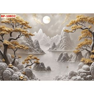 Tranh 3D dán tường, tranh hoa sen decor phòng khách chất liệu vải lụa khổ lớn, tặng keo dán LL