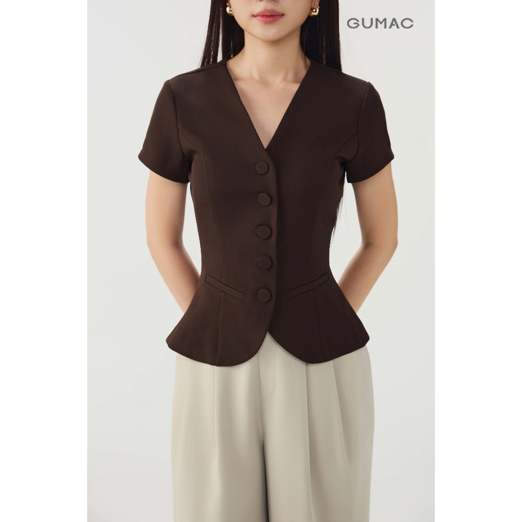 Áo Sơ Mi Nữ GUMAC Form Ôm Eo Cổ V Kiểu Gile Rã Decoup Nút Bọc Sang Trọng AF05039 - AG07098