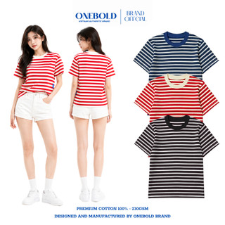 Áo Thun Trơn BABYTEE Brand ONEBOLD Cotton 230gsm, Họa Tết Sọc Ngang Phong Cách Hàn Quốc Nữ