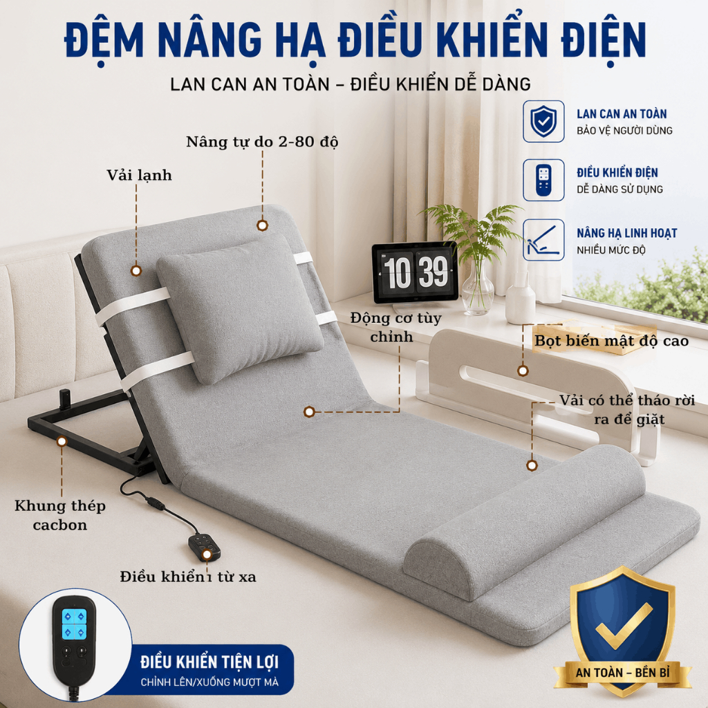 Đệm nâng hạ tựa lưng nâng đỡ cho người già , người bệnh . Thiết bị hỗ trợ nâng điện chăm sóc tại nhà