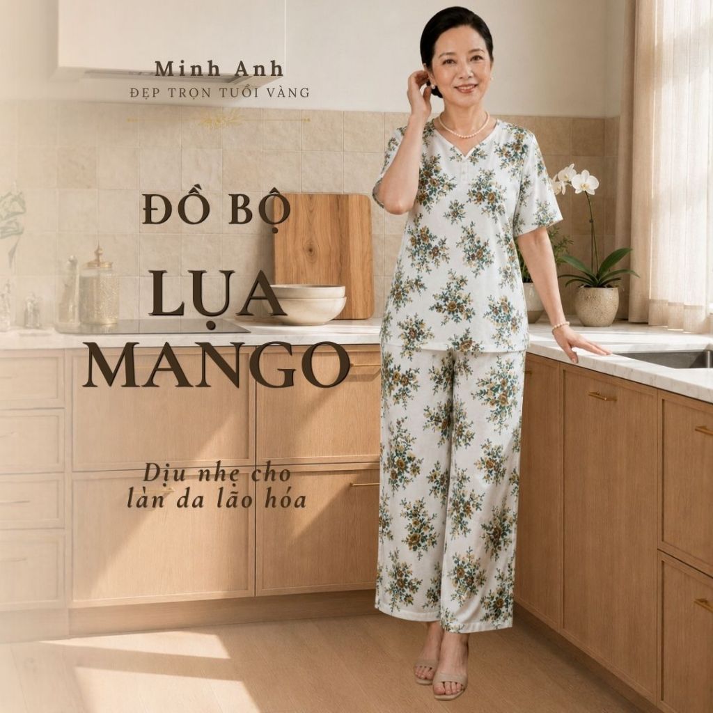 Đồ Bộ Mặc Nhà Lụa Mango Minh Anh Dáng Dài Cổ Đính Ngọc Trai Thoáng Mát Dễ Mặc Cho Bà Mẹ MAB15