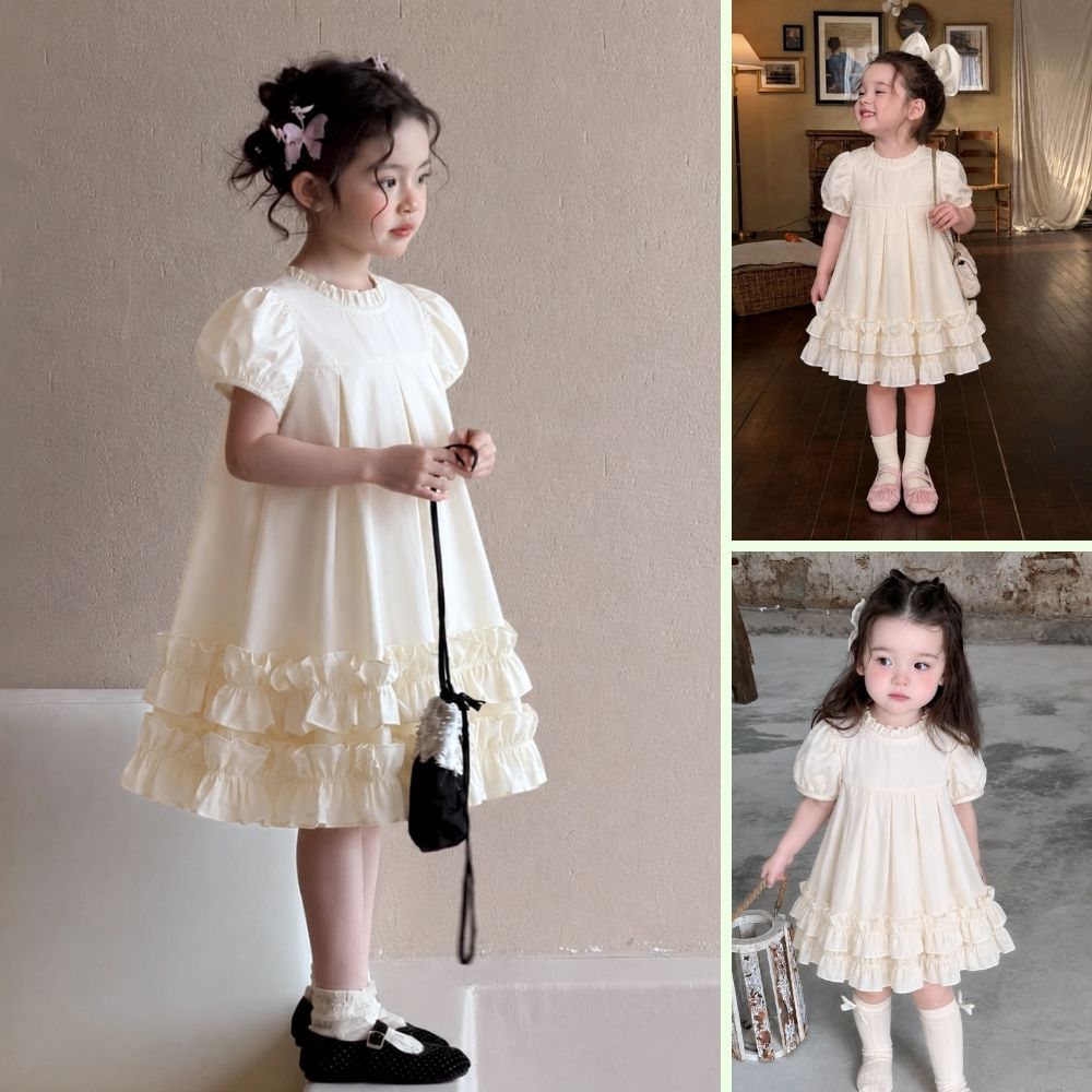 Váy Bé Gái, Váy Bé Gái Thiết Kế Tiểu Thư Phối Tay Bồng Cổ Bèo Chất Liệu Cotton Mặc Hàng Ngày
