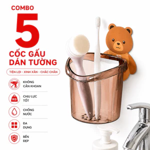 Combo 5 Cốc Dán Tường Hình Gấu Dễ Thương, Kệ Đựng Bàn Chải Kem Đánh Răng Đa Năng