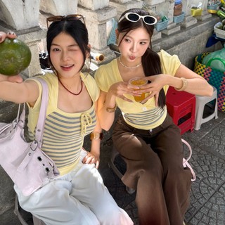 (HAVANA) Áo kiểu nữ YELLOW top layer tay bồng phối bo chun SAT489