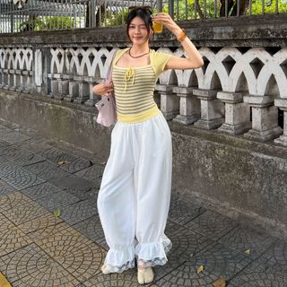 (HAVANA) Áo kiểu nữ YELLOW top layer tay bồng phối bo chun SAT489