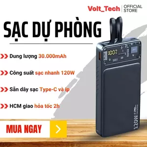 Sạc Dự Phòng 30.000mah -Công suất tối đa 120W, Tích hợp 2 Dây Sẵn, Sạc Liên Tục 4 Lần Cho IP14promax