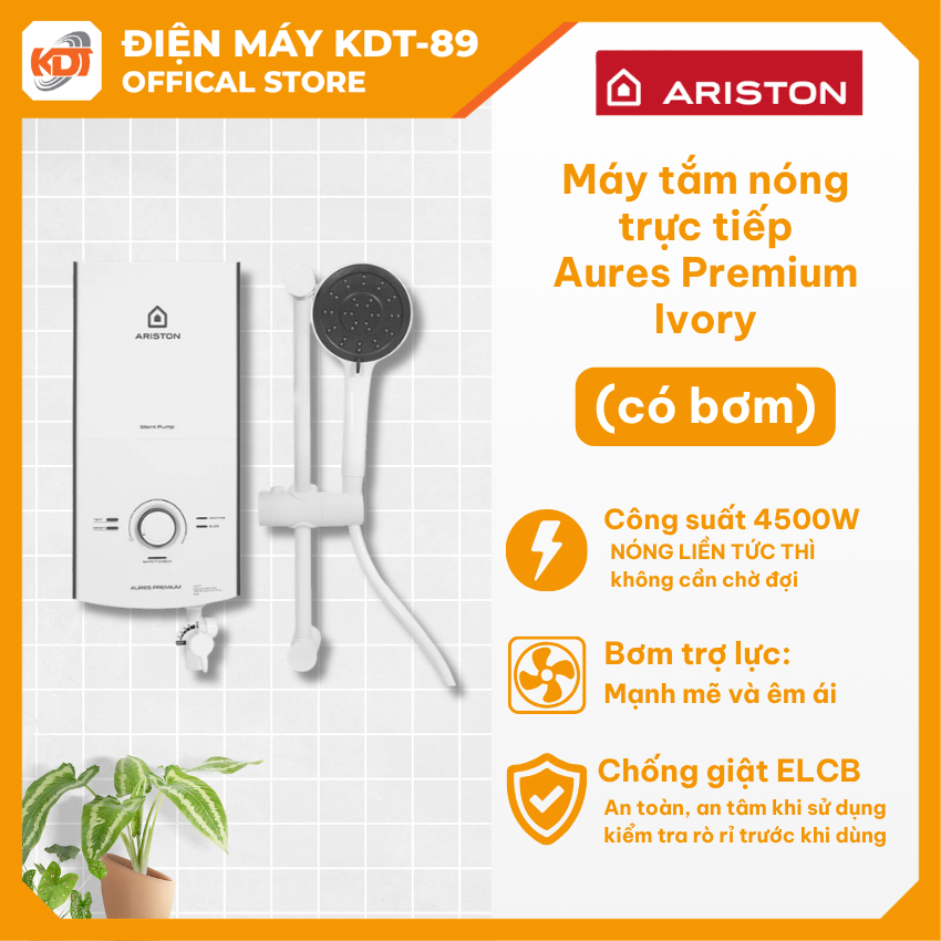 Máy tắm nóng trực tiếp (có bơm) Ariston AURES PREMIUM 4.5P IVORY