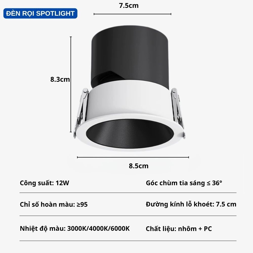 Đèn Led Âm Trần Chống Chói Spotlight 12W Xoay Góc 30 Độ Chip COB Ánh Sáng 3 màu - BH 2 năm