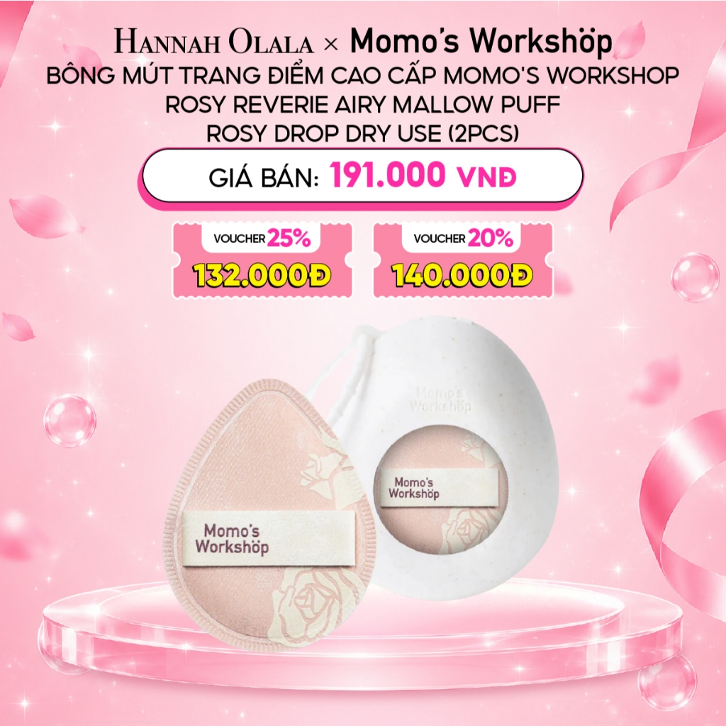 [Livestream Hannah] Combo Bông Mút Trang Điểm Cao Cấp Momo's Workshop Rosy Reverie Airy Mallow Puff - Rosy Drop