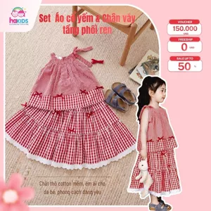 Váy Đỏ Cho Bé Gái, Váy Yếm Caro Bé Gái Chất Thô Cotton Mềm Kết Nơ Xinh, Cổ Áo Xếp Ly, Váy Phối Ren