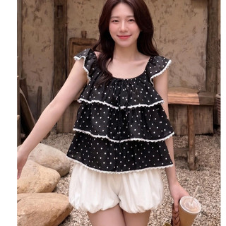 Set Nữ, Áo Babydoll Sát Nách Viền Ren Tầng  Mix Quần Boom Bí Hoạ Tiết Chấm Bi
