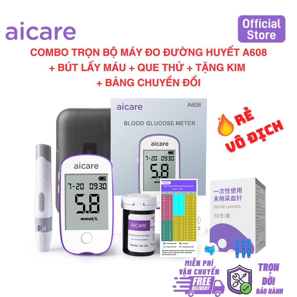 Combo Máy Đo Đường Huyết ACCU Chính Hãng AICARE A608 + Que Thử, Tặng Kim Tương Ứng, Dễ Dùng Tại Nhà