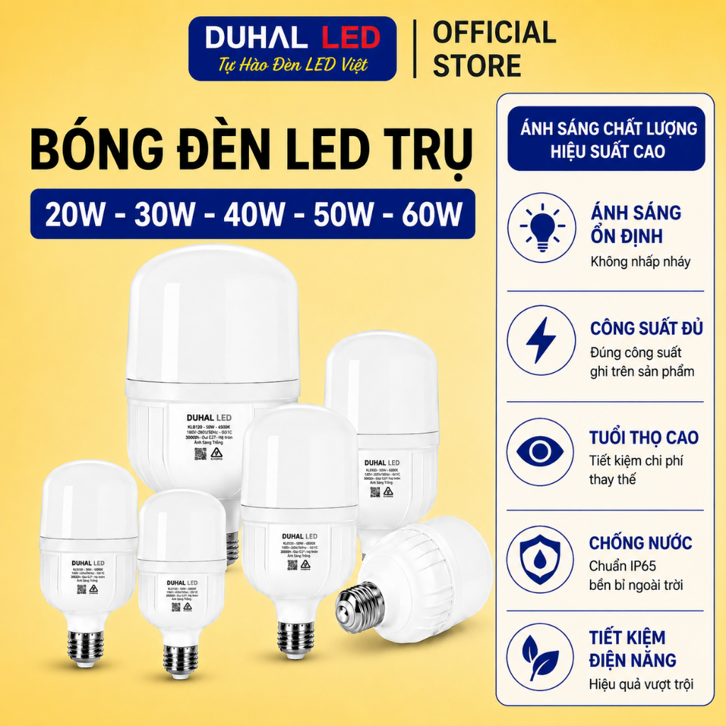 Bóng Đèn LED Trụ DUHAL KLB Ánh Sáng Trắng, Siêu sáng 20W 30W 40W 50W 60W