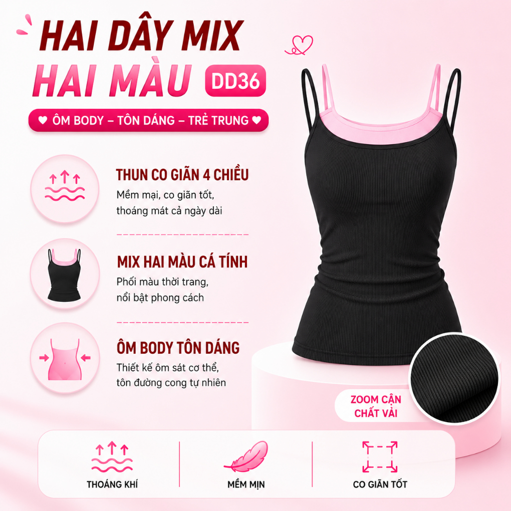 [MỞ BÁN] Áo Thun Nữ Ôm Body HAI DÂY PHỐI MÀU Thun BORIP LỤA Giả 2 Lớp Dáng Dài DD36, Áo 2d Mix 2 Màu Mềm Mát BAINE | BigBuy360 - bigbuy360.vn
