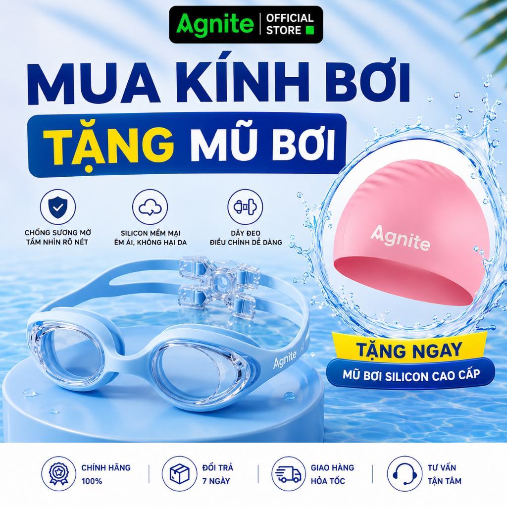 [MUA 1 TẶNG 1] Kính bơi người lớn, trẻ em chính hãng AGNITE chống tia UV bảo vệ mắt, thấu kính trong, tầm nhìn rõ