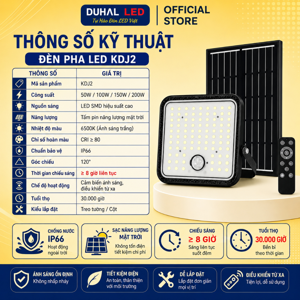 Đèn Năng Lượng Mặt Trời Duhal AJN1 Lắp Đặt Ngoài Trời, Sân Nhà, Trong nhà 50W 100W 150W 200W
