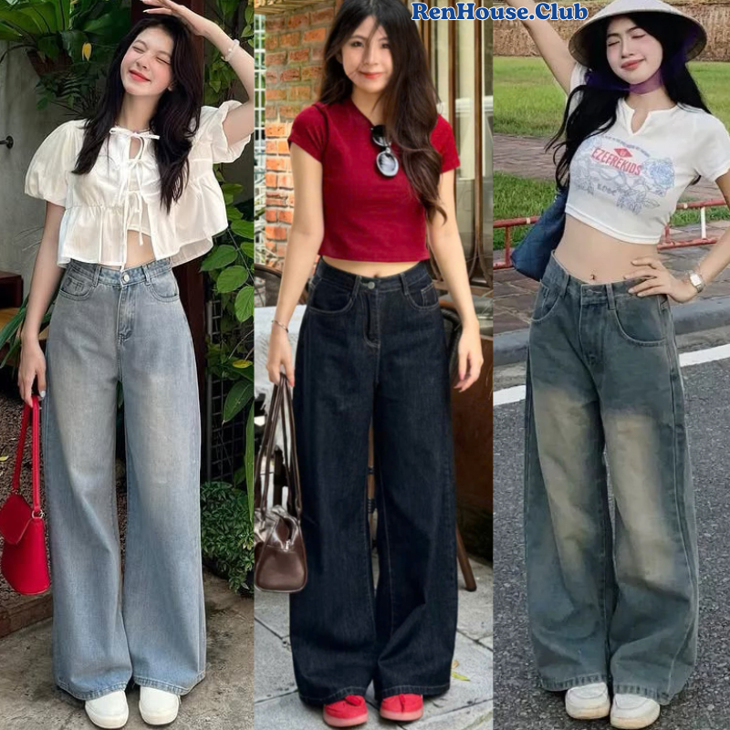Quần jeans nữ ống rộng Renhouse xanh Indigo cạp cao,quần bò nữ xuông màu xanh than vibe Calemm.Clubb MINI004