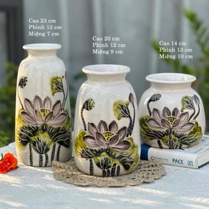 Bộ 3 Bình Hoa Gốm Sứ Bát Tràng Men Tiêu Mộc Vẽ Tay Họa Tiết Thủ Công Decor Trang Trí GomDecorTSC