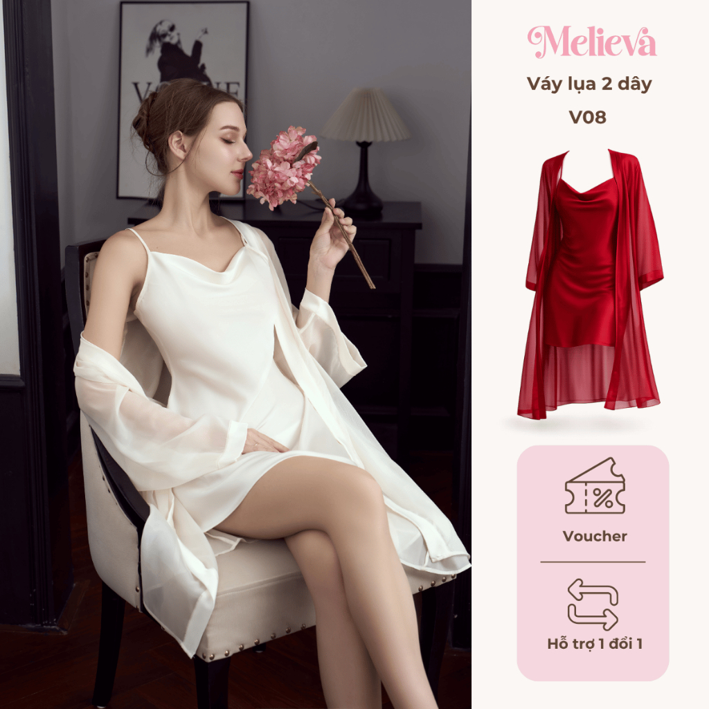 Váy Lụa 2 dây Sexy & áo choàng chất lụa Latin cao cấp mềm mịn Set ngủ 2 dây kèm đai chiết eo - V08