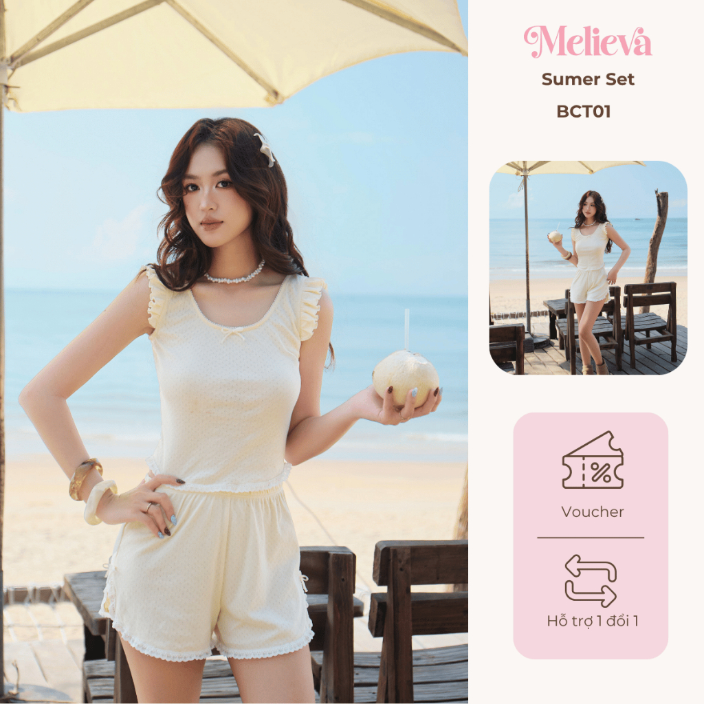 Set bộ hè sát nách cotton phối bèo xinh xắn – Bộ đi biển, Bộ Ngủ nữ dễ thương - BCT01