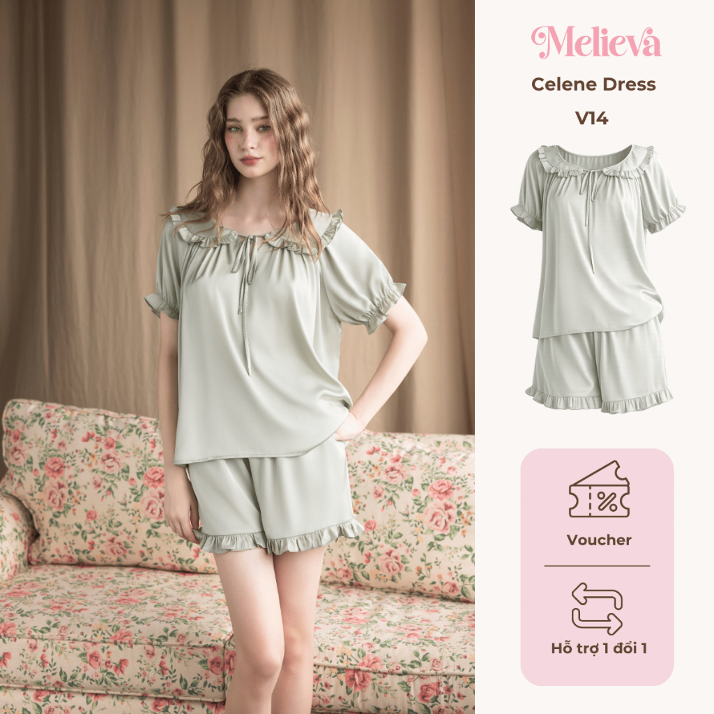 Bộ ngủ nữ Babydoll cổ sen phối  bèo điệu chất lụa Latin Pháp cao cấp, mềm mại dễ thương