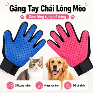 Găng Tay Chải Lông Mèo - Loại Bỏ Lông Rụng, Massage Thư Giãn Cho Chó Mèo, Dễ Vệ Sinh & Không Gây Đau Da