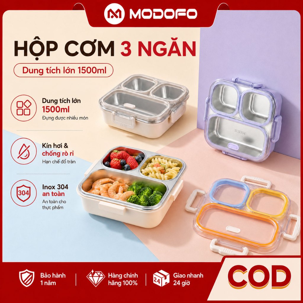MODOFO Hộp Cơm Giữ Nhiệt Inox 304 1500ml, Hộp Đựng Cơm 3 Ngăn Chống Rò Rỉ, Dùng Được Lò Vi Sóng Học sinh Người đi làm