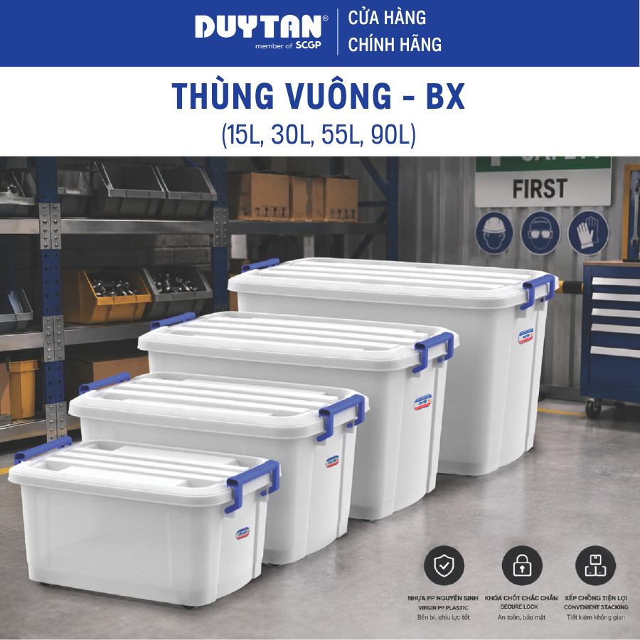 Thùng Vuông 15L 30L 55L 90L Duy Tân Có Nắp Khóa, Bánh Xe, Nhựa PP, Đựng Đồ Đa Năng