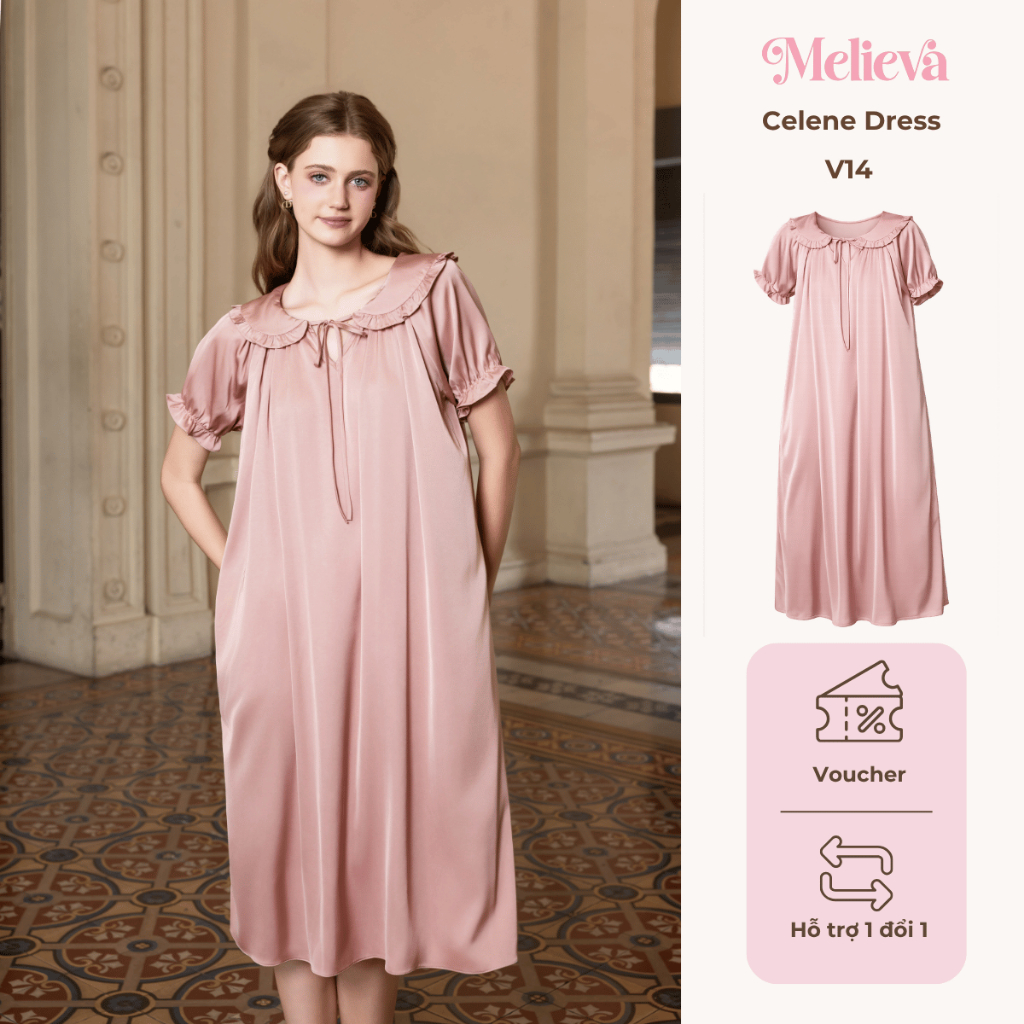 Váy Ngủ Thiết Kế cổ bèo tay ngắn"Belle Nuit" Form dài, chất liệu lụa latin cao cấp thoáng mát - V14