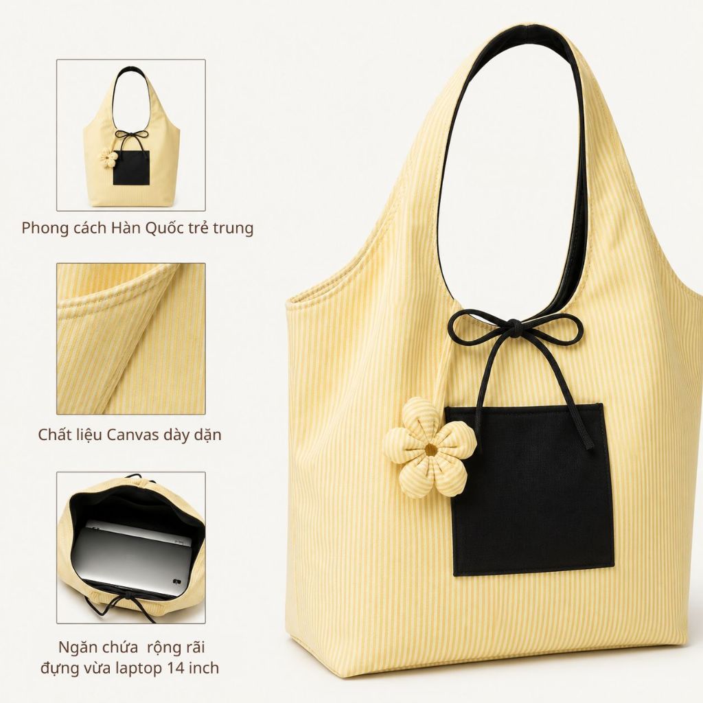 Túi Tote Nữ Canvas Caro 2 Mặt Có Charm Hoa, Đeo Vai Đi Học,Đi Chơi Thời Trang, Túi Nhà Bối T-10. | BigBuy360 - bigbuy360.vn
