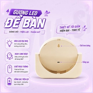 Gương Trang Điểm Cầm Tay, Để Bàn VUASI Có Đèn Led Cảm Ứng Chỉnh 3 Màu Đèn Dễ thương, Độ Nét Cao