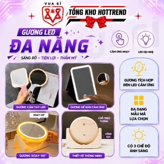 Gương Trang Điểm Cầm Tay, Để Bàn VUASI Có Đèn Led Cảm Ứng Chỉnh 3 Màu Đèn Dễ thương, Độ Nét Cao
