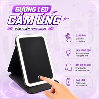 Gương Trang Điểm Cầm Tay, Để Bàn VUASI Có Đèn Led Cảm Ứng Chỉnh 3 Màu Đèn Dễ thương, Độ Nét Cao