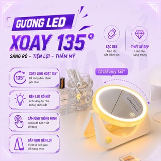 Gương Trang Điểm Cầm Tay, Để Bàn VUASI Có Đèn Led Cảm Ứng Chỉnh 3 Màu Đèn Dễ thương, Độ Nét Cao