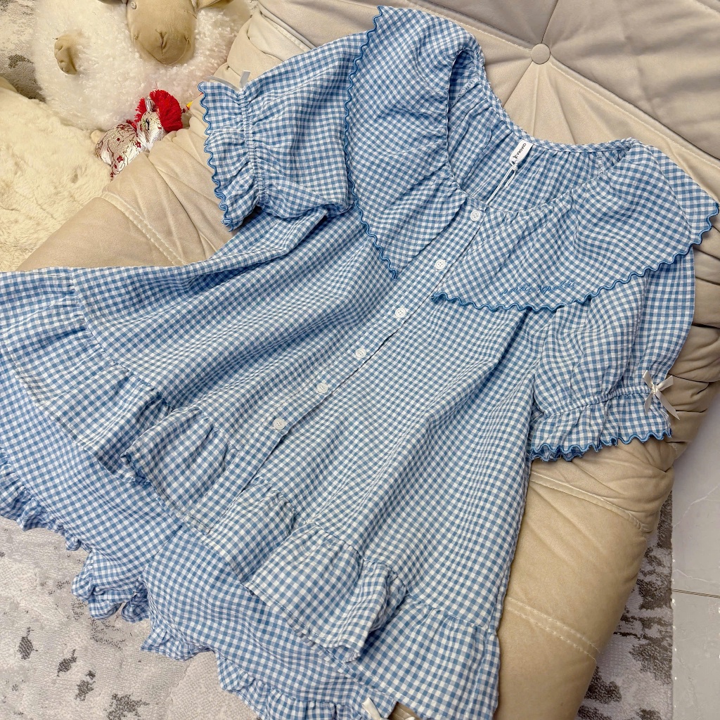 Set ngủ thô kẻ cộc tay mềm mại, bánh bèo  Set bộ mặc nhà, đi dạo chơi, sang trọng