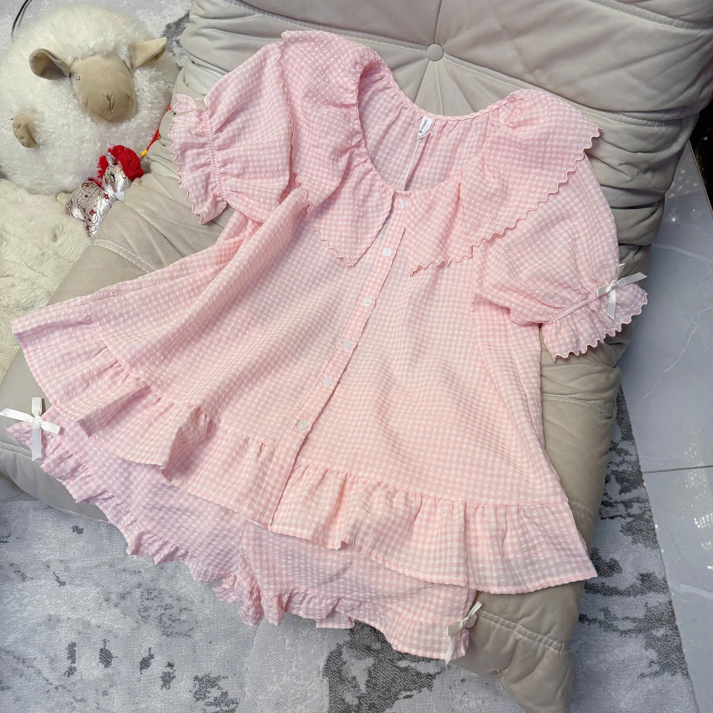 Set ngủ thô kẻ cộc tay mềm mại, bánh bèo  Set bộ mặc nhà, đi dạo chơi, sang trọng